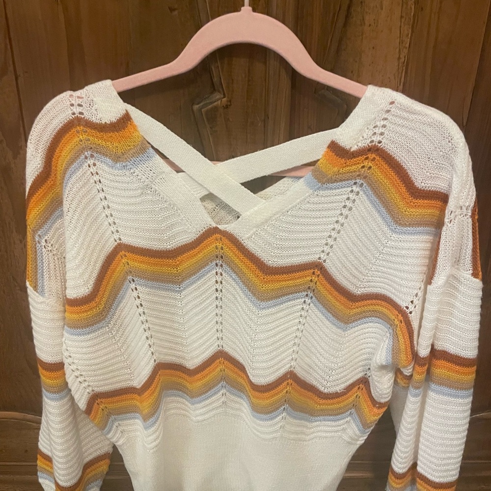 V-Neck Chevron Knit Sweater - White, Orange, Yellow - Picture 2 of 4